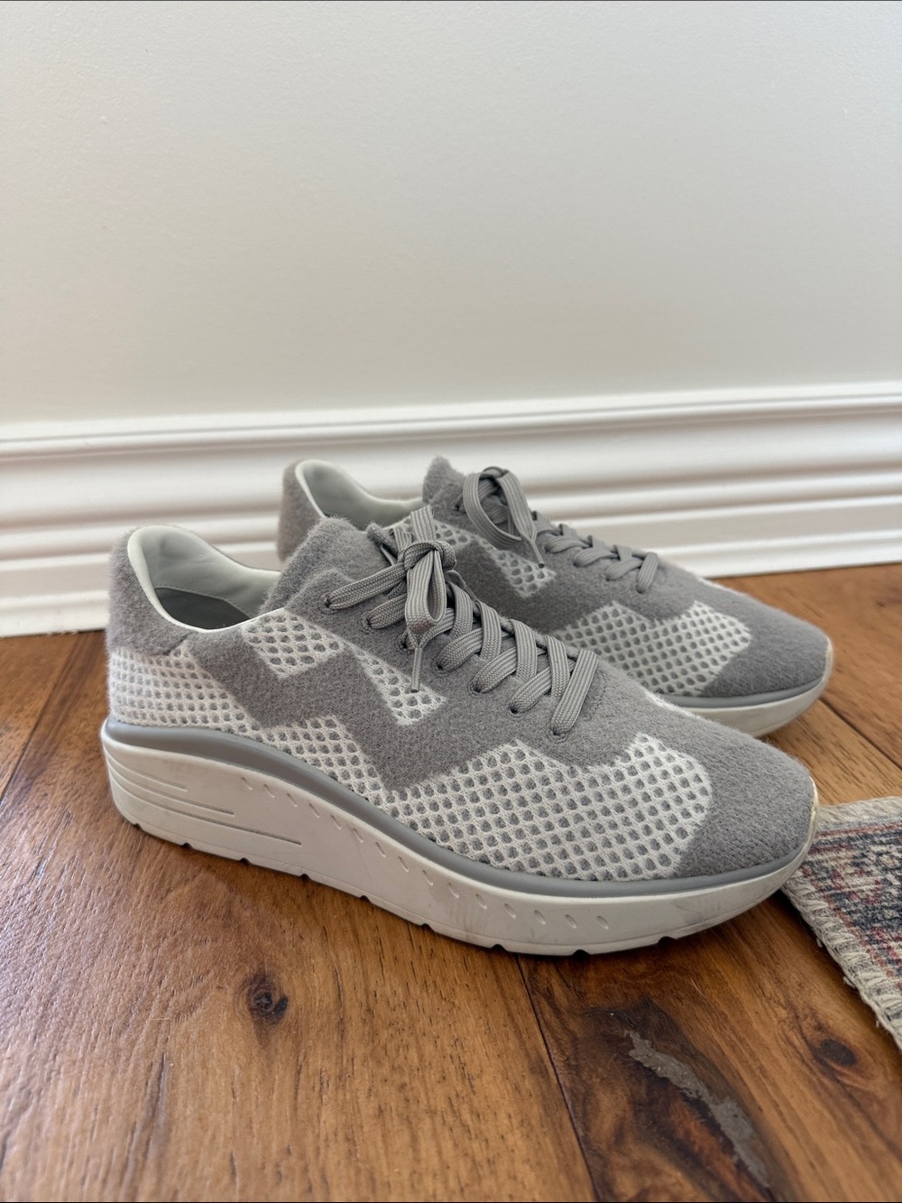 Stuart Weitzman Hartlee Gray and White Knit Platform Sneakers